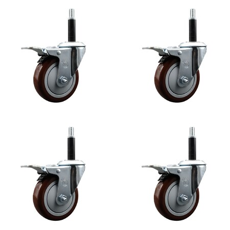 Service Caster 4'' SS Maroon Poly Swivel 3/4'' Expanding Stem Caster Set Total Lock Brake, 4PK SCC-SSEXTTL20S414-PPUB-MRN-34-4